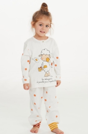 GIRL HAPPY PEOPLE, PYJAMA CHAUD EN COTON MIMI & COCO BLANC A POIS ORANGE PIGIAMI BAMBINI & RAGAZZI