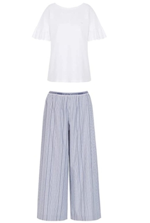 EMPORIO ARMANI MUJER. JERSEY MANGA CORTA COLOR BLANCO CON PANTALON A RAYAS COLOR BLANCO E INDIGO. INTIMO E PIGIAMI DONNA