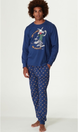 HAPPY PEOPLE MAN LONG SLEEVE PAJAMAS, ROUND NECK, LONG TROUSERS, NAVY BLUE 