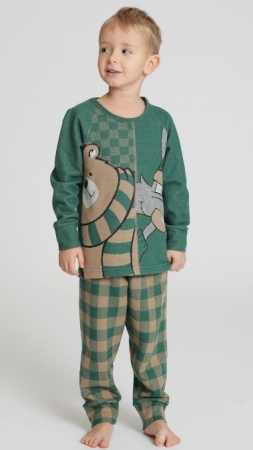 PYJAMA ENFANT HAPPY PEOPLE COMPLET MILAN POINT BEAR COL ROND AVEC IMPRIMÉ SUR LE PULL ET LE PANTALON À CARREAUX VERTS PIGIAMI BAMBINI & RAGAZZI