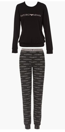 CONJUNTO DE PIJAMA DE MUJER EMPORIO ARMANI COMPLETO CON JERSEY DE COLOR LISO NEGRO Y PANTALONES ESTAMPADOS CON MICROLOGO INTIMO E PIGIAMI DONNA