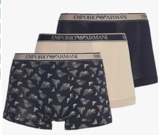 EMPORIO ARMANI HERREN-STRETCH-TRI-PACK-BOXER FARBE MITTERNACHTBLAU. SAND. BLAU MIT FANTASIE. INTIMO E PIGIAMI UOMO