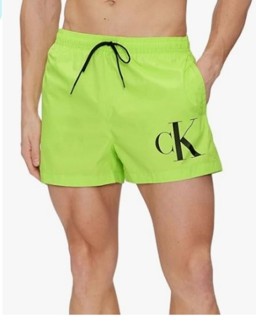 CALVIN KLEIN MEN'S SWIMMING BOXER WITH DRAWSTRING AT THE WAIST, FLUO YELLOW COLOR AND LOGO ON THE LEG COSTUMI MARE UOMO
