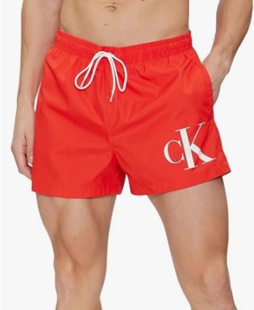 CALVIN KLEIN MEN'S SWIMMING BOXER WITH DRAWSTRING AT THE WAIST RED COLOR AND LOGO ON THE LEG COSTUMI MARE UOMO