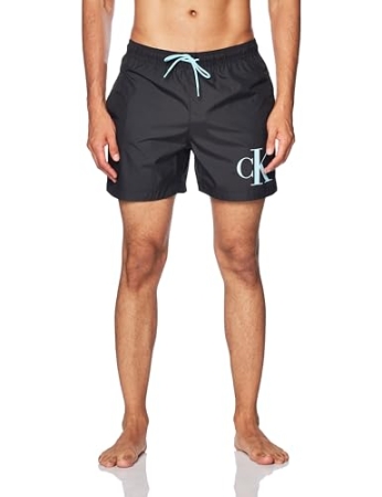 CALVIN KLEIN HERREN-SCHWIMMERBOXER MIT SCHWARZEM KORDELZUG UND KONTRAST-LOGO AM BEIN COSTUMI MARE UOMO