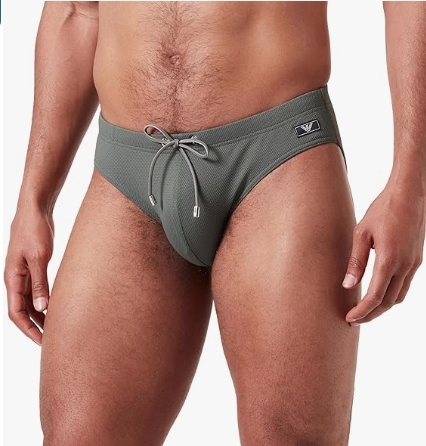 EMPORIO ARMANI Uomo Costume slip in tessuto piquet Satin label colore verde militare COSTUMI MARE UOMO