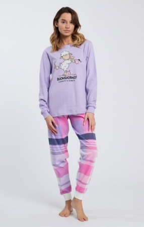 HAPPY PEOPLE DONNA Pigiama girocollo Buongiorno in morbido cotone colore lavanda con pantalone a scacchi INTIMO E PIGIAMI DONNA
