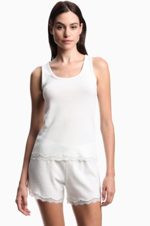 EMPORIO ARMANI DONNA CANOTTA LOUNGEWEAR IN MISTO MODAL A COSTINE CON PIZZO COLORE BIANCO INTIMO E PIGIAMI DONNA
