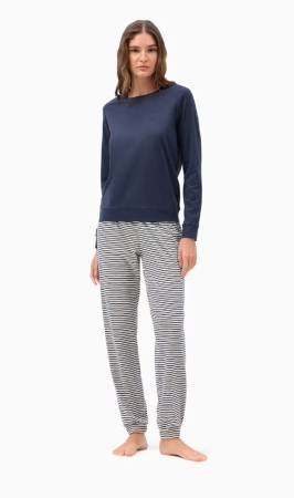 EMPORIO ARMANI DONNA PIGIAMA CON POLSINI MAGLIA IN TINTA BLU,  PANTALONI A RIGHE